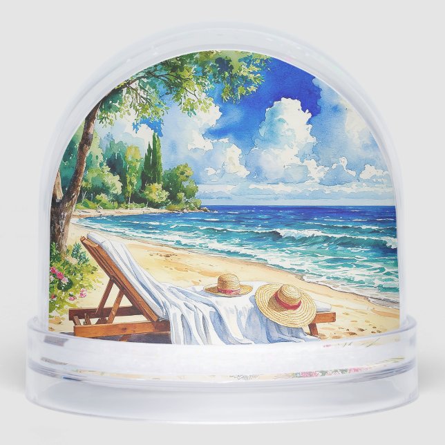 Relaxing Beach Scene with Lounge Chair Snow Globe (Front)
