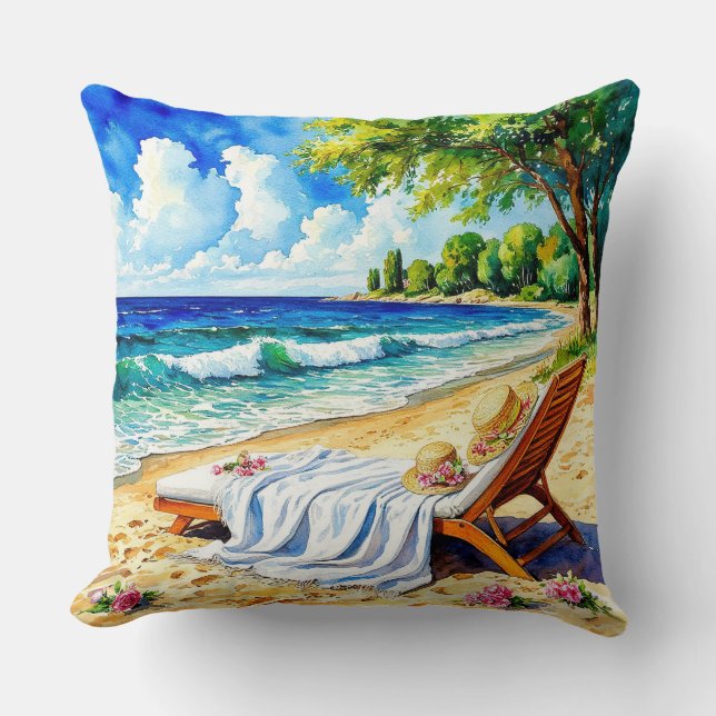 Relaxing Beach Scene with Lounge Chair Throw Pillow (Front)