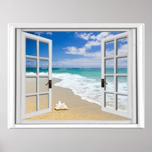 Relaxing Beach Sea View Fake Window Poster
