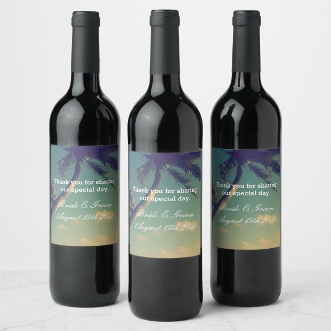 Relaxing beach wedding palm tree photo custom wine label (Bottles)
