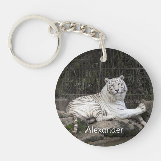 Relaxing Bengal White Tiger Photography Keychain (Front)