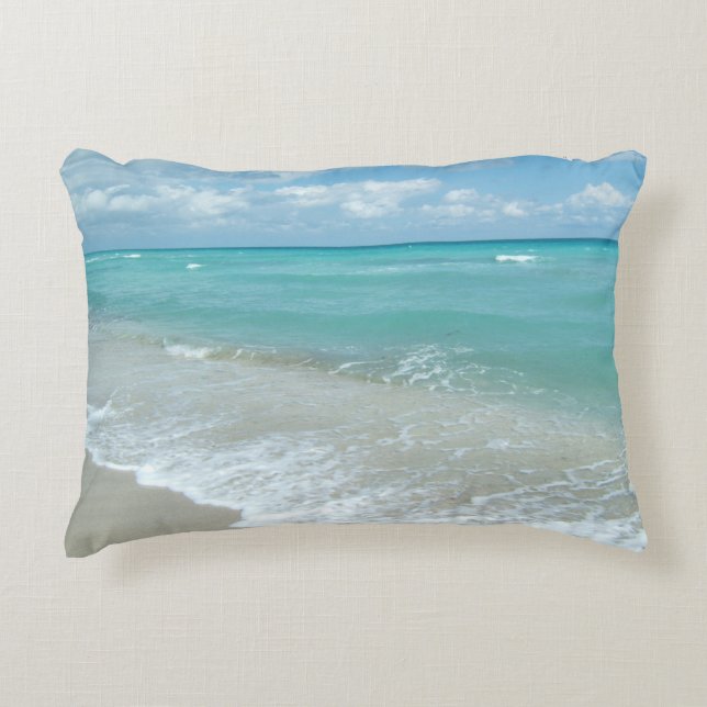 Relaxing Blue Beach Ocean Landscape Nature Scene Decorative Pillow (Front)
