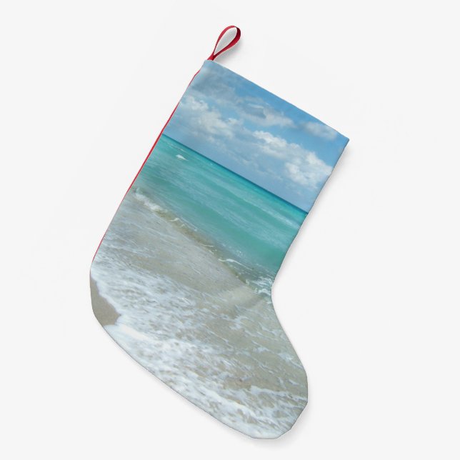 Relaxing Blue Beach Ocean Landscape Nature Scene Small Christmas Stocking (Front (Hanging))