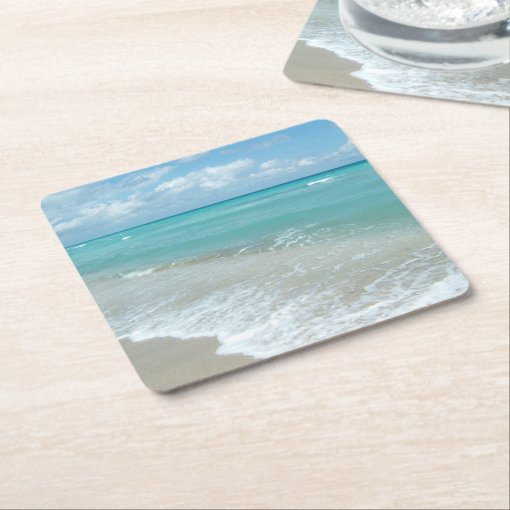 Relaxing Blue Beach Ocean Landscape Nature Scene Square Paper Coaster ...