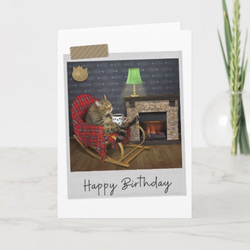 Relaxing By The Fire Cat Funny Birthday Card