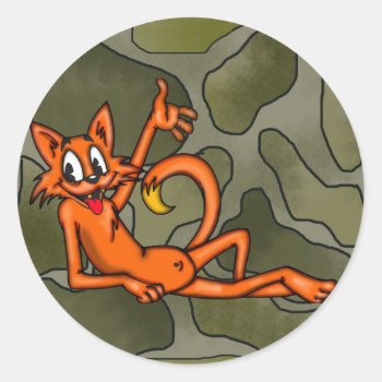 Relaxing Cartoon Cat Classic Round Sticker by sagart1952 at Zazzle