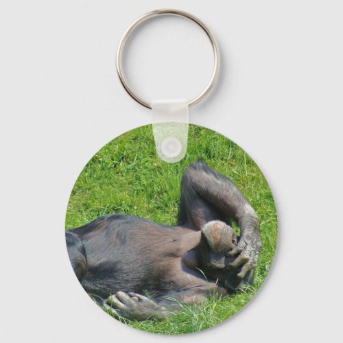 Relaxing Chimpanzee in the Grass _ Keychain