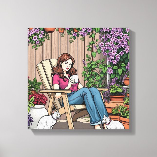 Relaxing Day | Women with Coffee, Cats and Plants Canvas Print (Front)