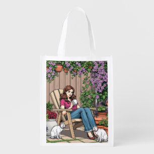 Relaxing Day Women with Coffee, Cats and Plants Grocery Bag