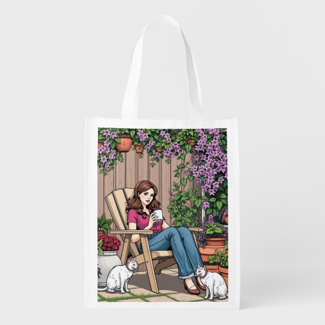Relaxing Day | Women with Coffee, Cats and Plants Grocery Bag (Front)