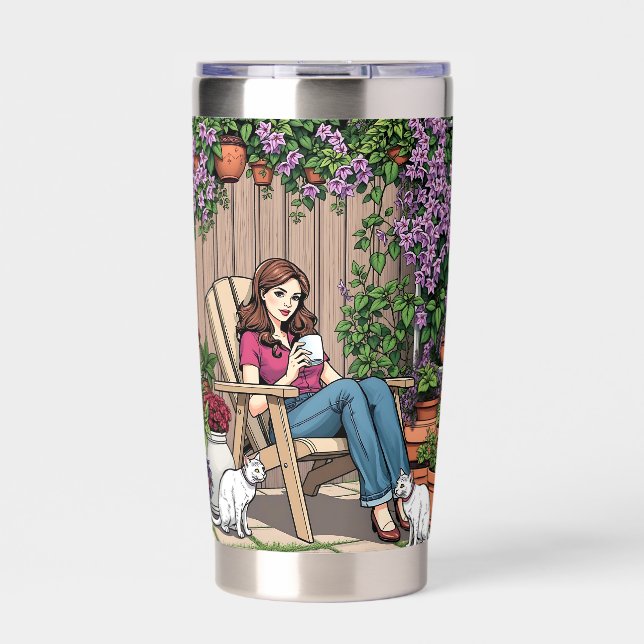 Relaxing Day | Women with Coffee, Cats and Plants Insulated Tumbler (Front)