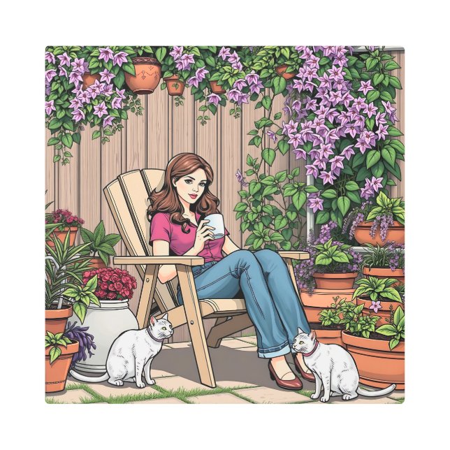 Relaxing Day | Women with Coffee, Cats and Plants Metal Print (Front)