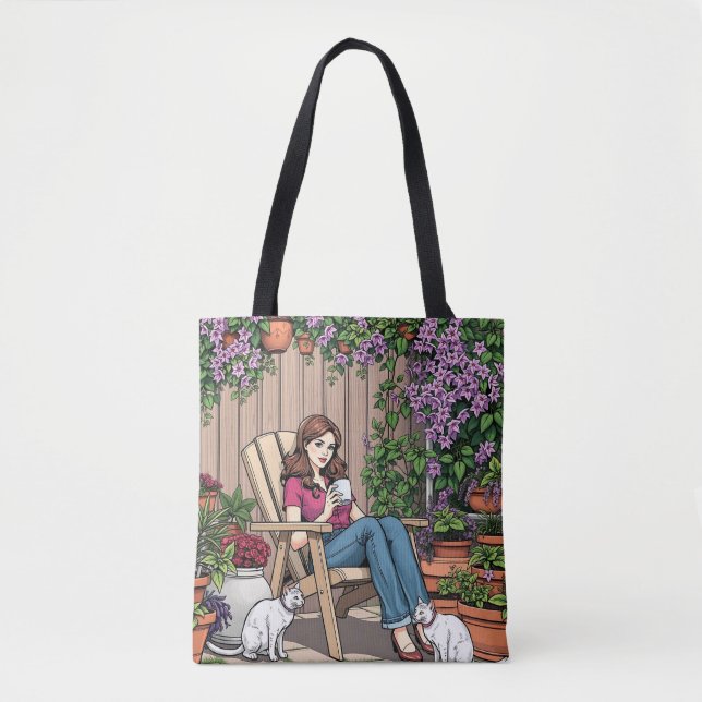Relaxing Day | Women with Coffee, Cats and Plants Tote Bag (Front)