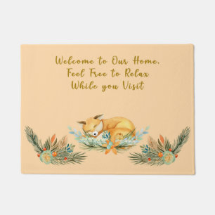 Relaxing Doormat with Sleepy Fox & Flowers