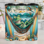 Relaxing Frog in Beach Hammock Thermal Tumbler<br><div class="desc">This whimsical illustration features a contented green frog with closed eyes, lounging in a hammock strung between two surfboards on a sunny beach. The ocean waves are gently rolling in, and seagulls and a parrot fly overhead. Seashells and tropical foliage decorate the sandy shore, creating a scene of ultimate relaxation...</div>