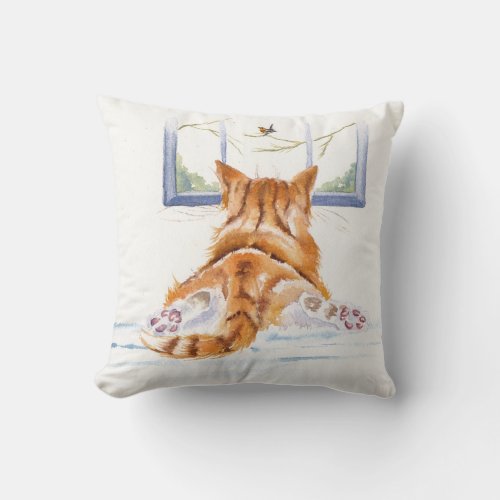 Relaxing Ginger Cat Bird Watching Throw Pillow