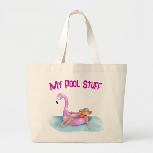 Relaxing in pool on a pink flamingo float  large tote bag