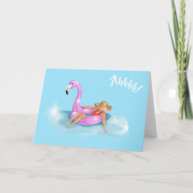 Relaxing in the pool on a hot pink flamingo float  card (Front)