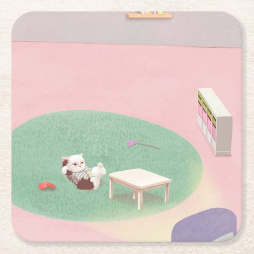 Relaxing Kitten in Living Room Square Paper Coaster