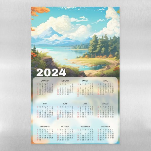 Relaxing Lake Scenery Illustrations 2024 Calendar Magnetic Dry Erase Sheet