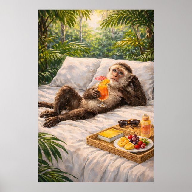Relaxing Monkey Cocktail Print, Tropical Jungle Poster (Front)