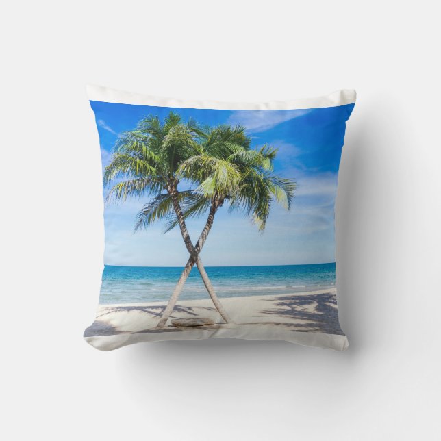 Relaxing Seascape View with Palms on the Beach Throw Pillow (Front)