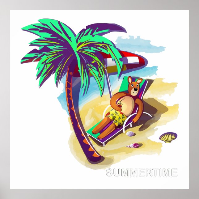 Relaxing Summer Bear on Tropical Beach Poster (Front)
