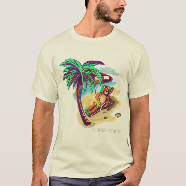 Relaxing Summer Bear on Tropical Beach T-Shirt (Front)