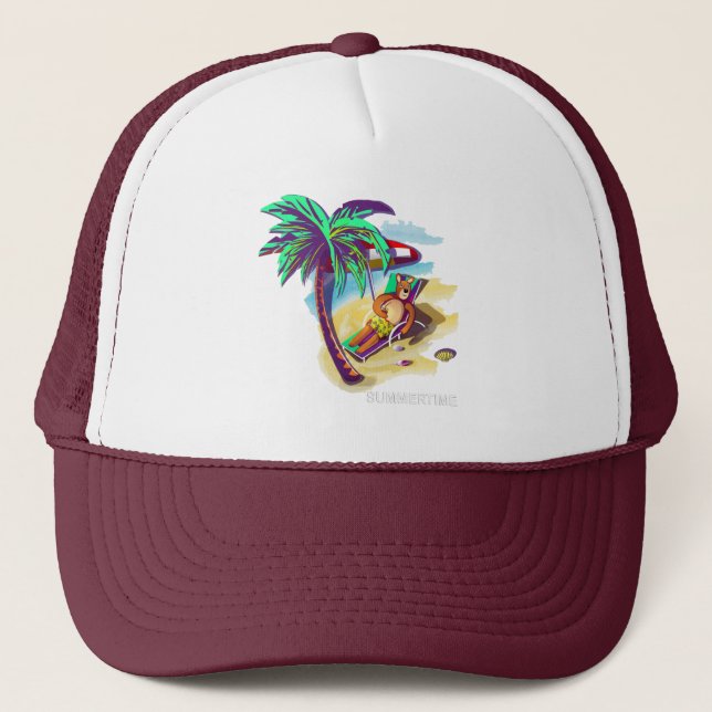 Relaxing Summer Bear on Tropical Beach Trucker Hat (Front)