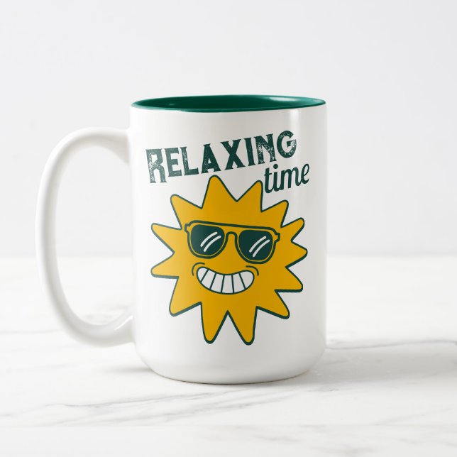 RELAXING time smiling sun with sunglasses Two-Tone Coffee Mug (Left)