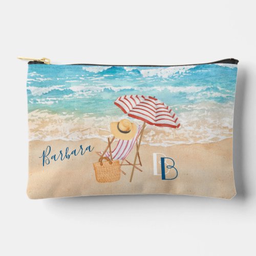 Relaxing Watercolor Beach Scene Name Monogram Accessory Pouch