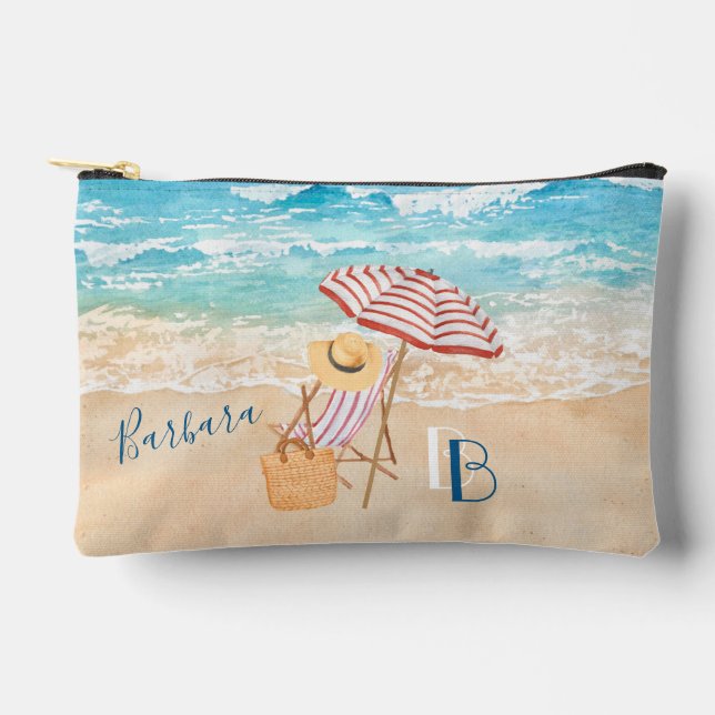 Relaxing Watercolor Beach Scene Name Monogram Accessory Pouch (Front)