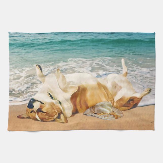 Relaxing Welsh Corgi on the Beach Kitchen Towel (Horizontal)