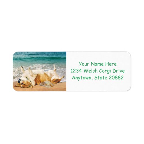 Relaxing Welsh Corgi on the Beach Label