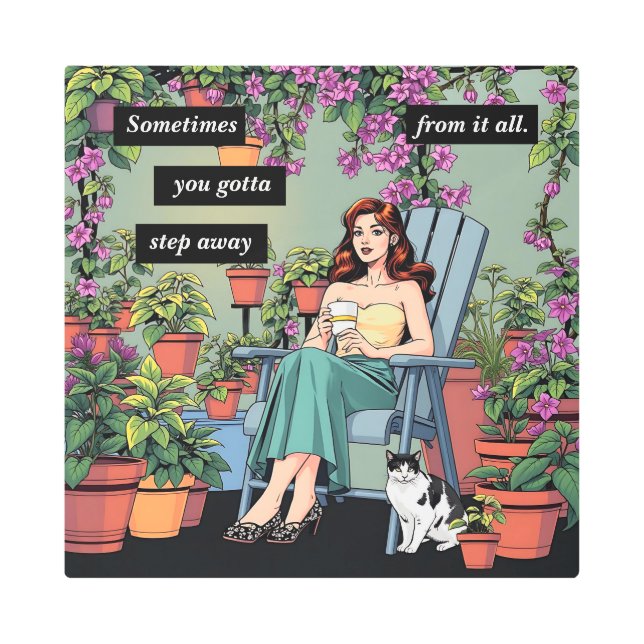 Relaxing with Coffee, Cats and Plants Metal Print (Front)