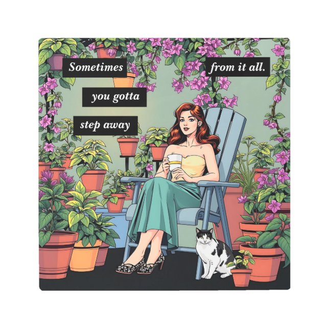 Relaxing with Coffee, Cats and Plants Metal Print (Front)