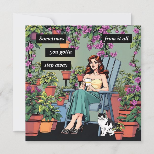 Relaxing with Coffee, Cats and Plants Note Card (Front)