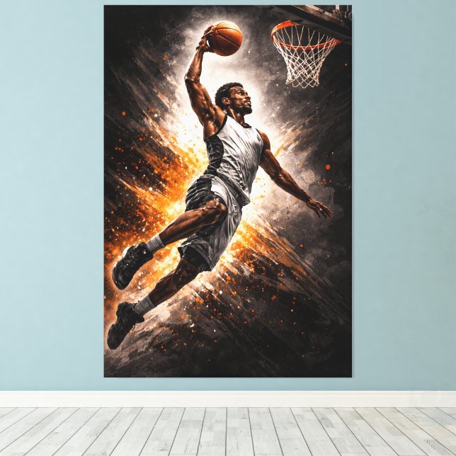 Relentless Elevation – Basketball Power Dunk Canvas Print (Insitu(Wood Floor))