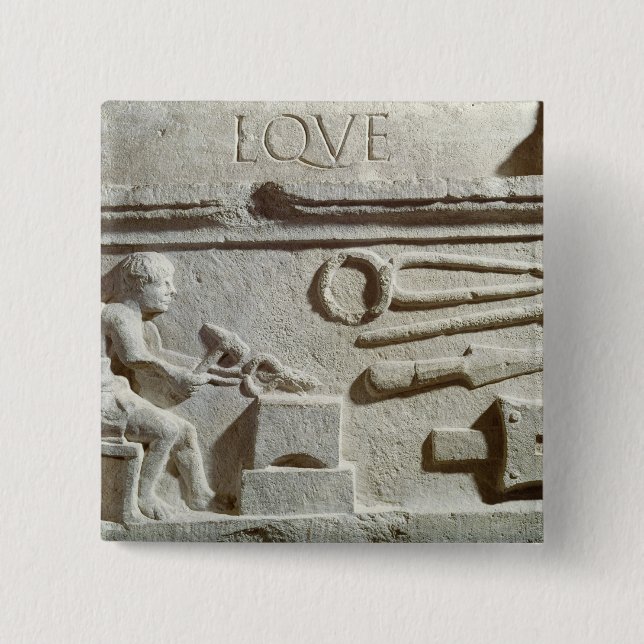 Relief depicting a blacksmith's shop and tools pinback button (Front)