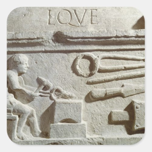 Relief depicting a blacksmiths shop and tools square sticker