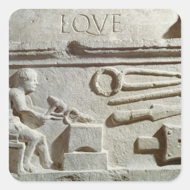 Relief depicting a blacksmith's shop and tools square sticker (Front)