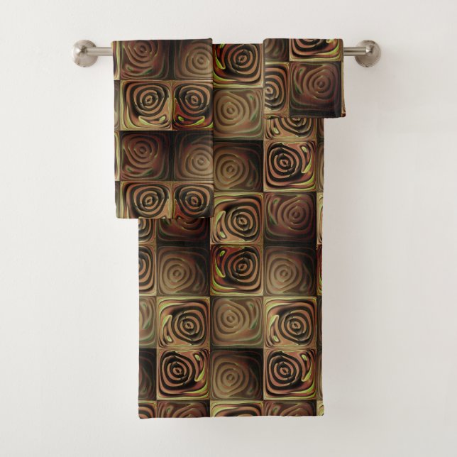 Relief of squares with brown gradient  circles bath towel set (Insitu)