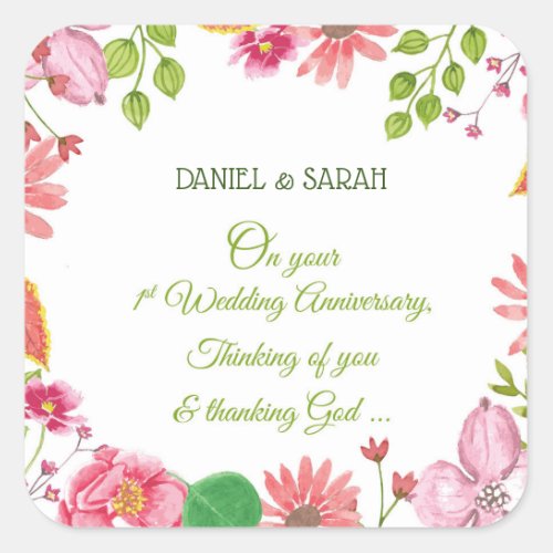 Religious 1st Wedding Anniversary Flowers Square Sticker