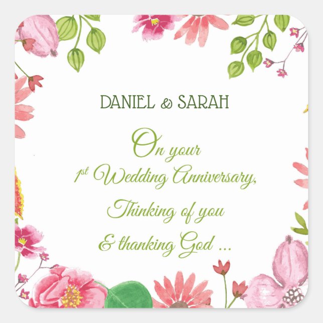 Religious 1st Wedding Anniversary Flowers Square Sticker (Front)