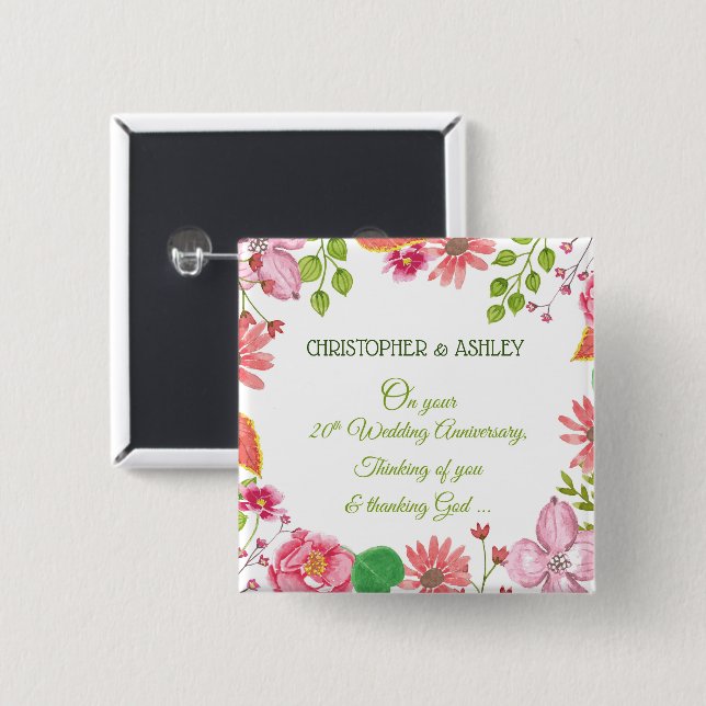 Religious 20th Wedding Anniversary Flowers Button (Front & Back)