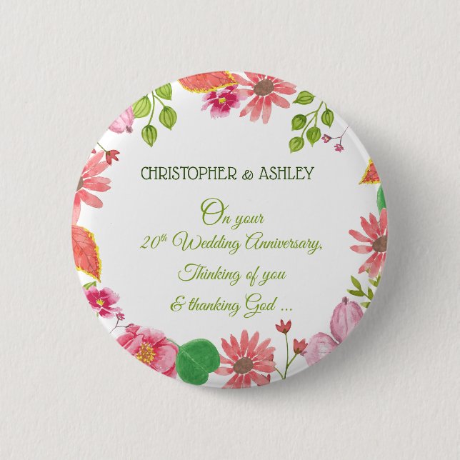 Religious 20th Wedding Anniversary Flowers Button (Front)