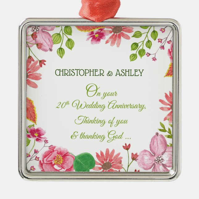 Religious 20th Wedding Anniversary Flowers Metal Ornament (Front)