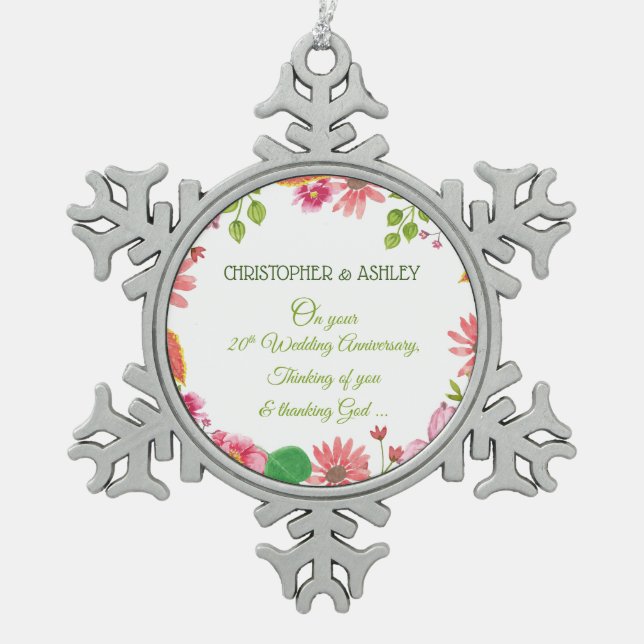 Religious 20th Wedding Anniversary Flowers Snowflake Pewter Christmas Ornament (Front)