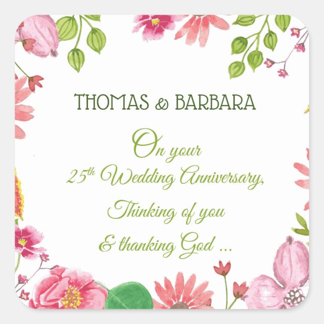 Religious 25th Wedding Anniversary Flowers Square Sticker (Front)
