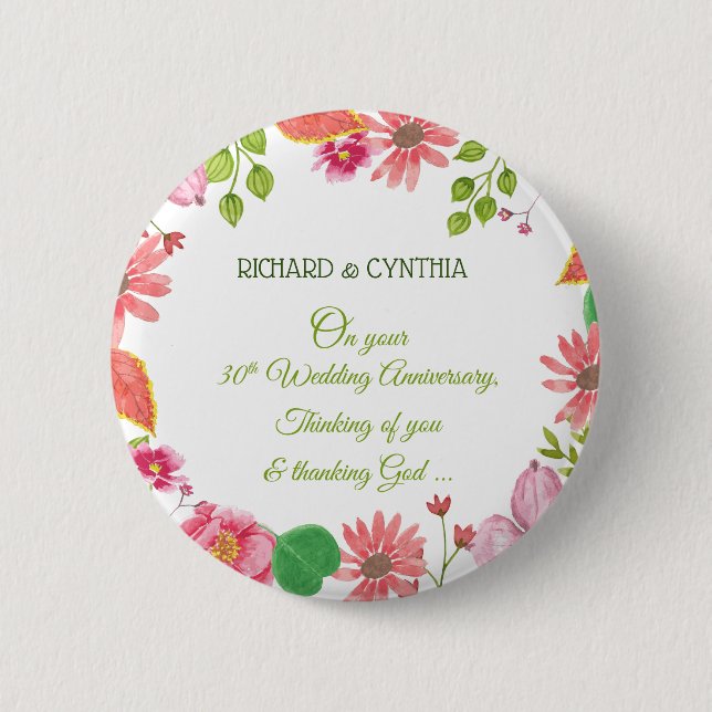 Religious 30th Wedding Anniversary Flowers Button (Front)